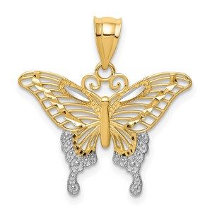 14k Yellow Genuine Gold and Rhodium Diamond-cut Butterfly Necklace Charm Pendant